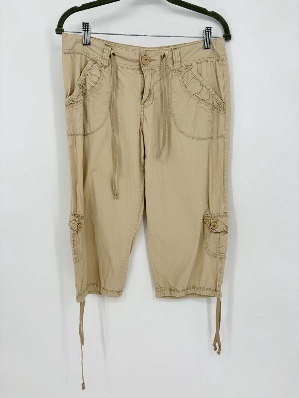 UNIONBAY Y2K Retro Cargo Capri Pants Juniors 7 Low Rise Drawstring Utility Tan